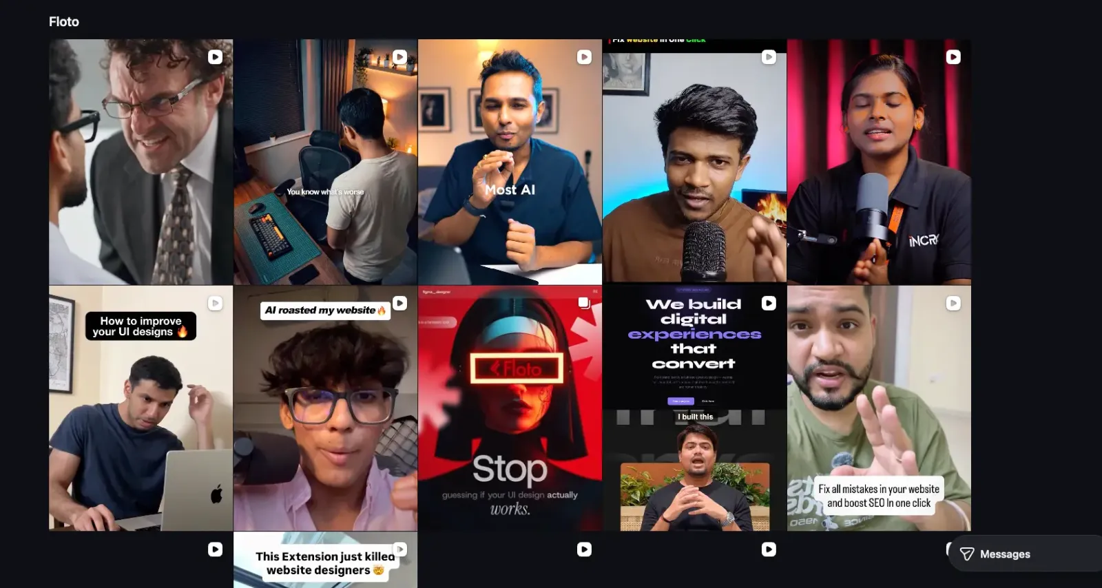 Instagram 上多位创作者发布的 Floto 推广短视频，封面文字包括「AI roasted my website」「How to improve your UI designs」